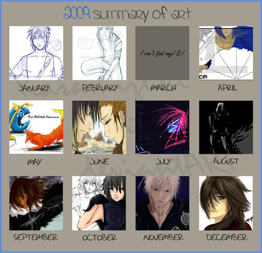 Taupe-coloured art summary for 2009 with evenly-spaced square crops of my art January through December. Missing art for March.